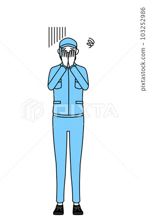 A woman in a hat and work clothes that covers her face depressed 103252986