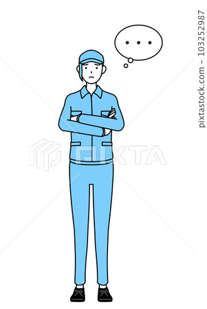A woman in a hat and work clothes thinking with her arms crossed 103252987