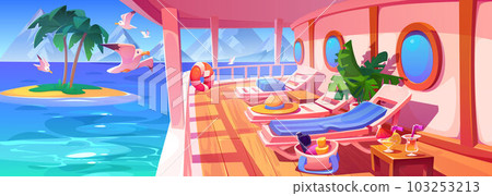 Sea cruise ship deck with bird and island view Sea cruise ship deck with bird and island view 103253213