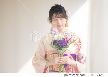 A portrait of a woman wearing a kimono with full kimono 103253230