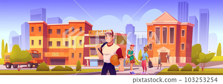 School building on town street vector background 103253254