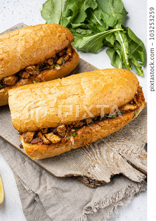 Chicken tantuni kebab Somun ekmek tavuk, on gray concrete table background Chicken tantuni kebab Somun ekmek tavuk, on gray concrete table background 103253259