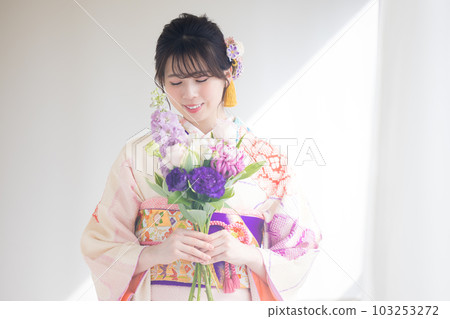 A portrait of a woman wearing a kimono with full kimono 103253272