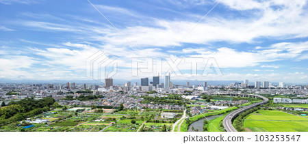 “埼玉縣”用無人機拍攝的夏日天空和沼澤稻田的景色 103253547