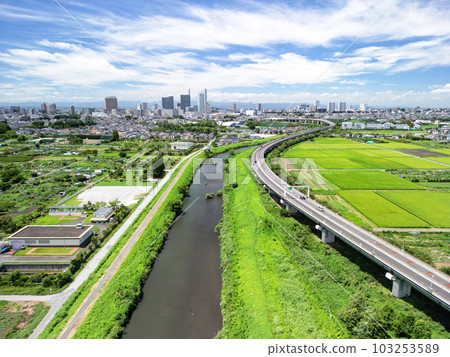 "Saitama Prefecture" The scenery of the summer sky and the swamp rice field taken with a drone 103253589