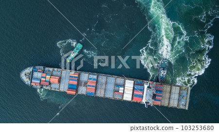 Aerial view container ship and tugboat drag shipping to seaport, Container ship load container for global business logistics import export, Freight shipping and transportation. Aerial view container ship and tugboat drag shipping to seaport, Container ship load container for global business logistics import export, Freight shipping and transportation. 103253680
