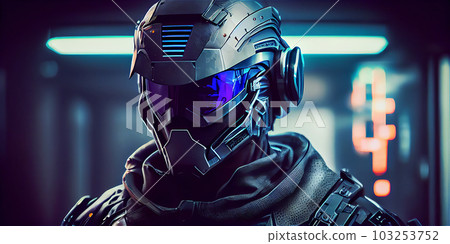AI generative image of policeman or soldier wearing futuristic suit and helmet 103253752