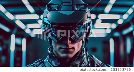 AI generative image of policeman or soldier wearing futuristic suit and helmet 103253756