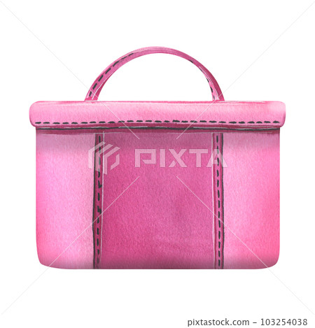 Pink rectangular cosmetic bag with a handle for beauty masters, cosmetics and equipment. Watercolor illustration, hand drawn. Isolated object on a white background. 103254038