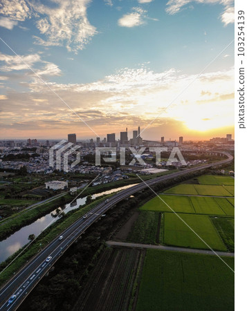 "Saitama Prefecture" Aerial photography of the evening view of Minuma rice fields with a drone 103254139