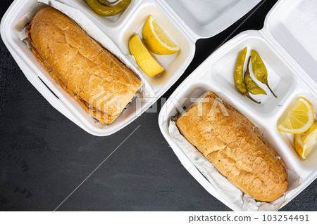 Chicken tantuni kebab Somun ekmek tavuk, in plastic pack container delivery lunch box, on black dark stone table background, top view flat lay, with copy space for text Chicken tantuni kebab Somun ekmek tavuk, in plastic pack container delivery lunch box, on black dark stone table background, top view flat lay, with copy space for text 103254491