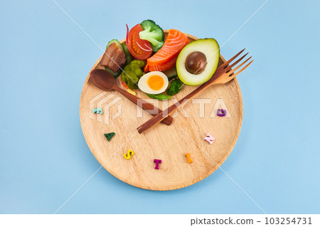 Intermittent fasting. Healthy breakfast, diet food concept. Organic meal. Fat loss concept. Intermittent fasting. Healthy breakfast, diet food concept. Organic meal. Fat loss concept. 103254731