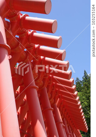 Shinshu Otari village erosion control facility Gansawa erosion control dam characterized by large vermillion steel slits 103255164