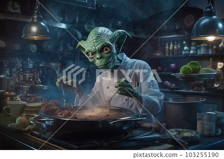 Alien chef preparing a meal using unconventional ingredients, such as space rocks and cosmic dust illustration generative ai 103255190