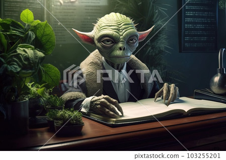 Alien lawyer specialized in intergalactic immigration law defends a client accused of smuggling illegal lants from a forbidden planet illustration generative ai 103255201