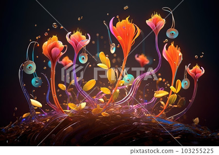 alien plant species that communicates through musical notes, with vibrant petals that emit sound waves as they blossom alien character illustration generative ai 103255225
