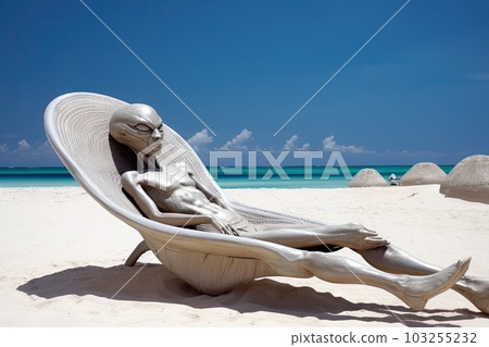 Alien relaxing and sunbathing at the white sandy beach tropical luxury resort character illustration generative ai 103255232