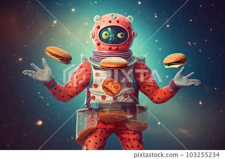 Extraterrestrial wearing a polka - dot spacesuit and juggling cosmic hamburgers illustration generative ai 103255234