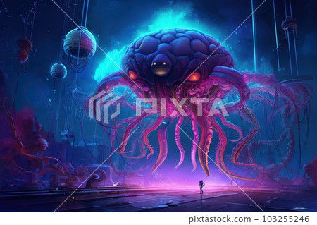 Gigantic extraterrestrial creature exploring the depths of a neon - lit alien ocean illustration generative ai Gigantic extraterrestrial creature exploring the depths of a neon - lit alien ocean illustration generative ai 103255246