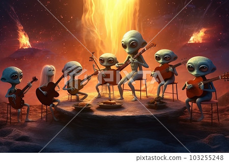 Group of aliens playing a musical concert using instruments made entirely of solid nebula blackholes alien character illustration generative ai Group of aliens playing a musical concert using instruments made entirely of solid nebula blackholes alien character illustration generative ai 103255248