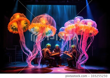 Group of extraterrestrial musicians performing an otherworldly concert using instruments made entirely of neon - colored jellyfish illustration generative ai 103255250