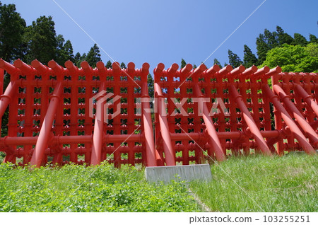 Shinshu Otari village erosion control facility Gansawa erosion control dam characterized by large vermillion steel slits 103255251