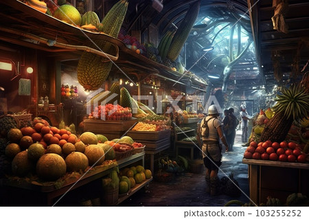 Intergalactic marketplace where aliens trade exotic fruits alien character illustration generative ai Intergalactic marketplace where aliens trade exotic fruits alien character illustration generative ai 103255252