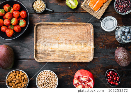 Healthy diet eating plan. Meal planning, frame concept, flat lay on dark wooden background, with space for text 103255272