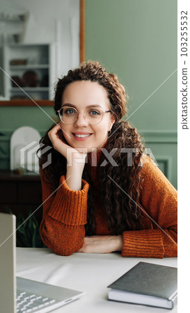 Happy Smiling Young Businesswoman Student Advertising Online Learning and Remote Work from Home 103255532