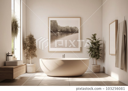 Relax and rejuvenate in style with this modern bathroom featuring a spacious tub and chic sink. AI Generative. Relax and rejuvenate in style with this modern bathroom featuring a spacious tub and chic sink. AI Generative. 103256081