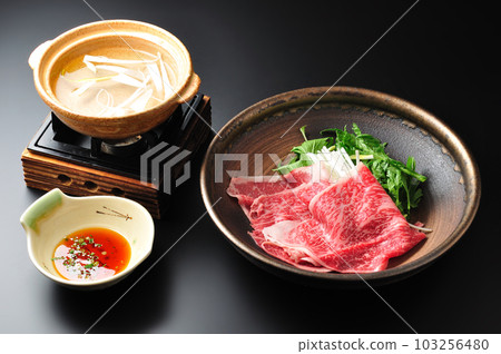 Beef shabu-shabu | Luxury black background Beef shabu-shabu | Luxury black background 103256480