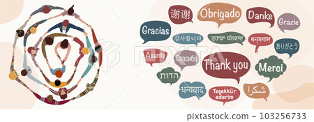 Speech bubbles with text -thank you- in various international languages.Group of people in circle - top view- diverse culture multicultural people from different nations and continents Speech bubbles with text -thank you- in various international languages.Group of people in circle - top view- diverse culture multicultural people from different nations and continents 103256733
