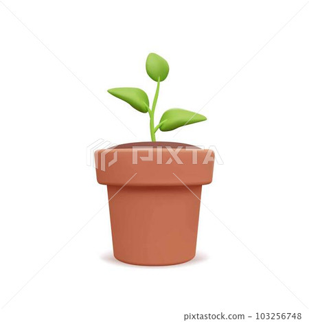 Plant with leaves in pot. Flower, grass. Gardening concept. 3d vector illustration. Trendy style. 103256748