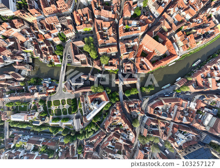 Aerial view of the Old Town of Bamberg with the Historic Town Hall on the regnitz River, Bird Eye, Flat Lay Shot Aerial view of the Old Town of Bamberg with the Historic Town Hall on the regnitz River, Bird Eye, Flat Lay Shot 103257127