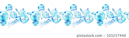 A watercolor illustration inspired by a cool jellyfish. Underwater image ornament border. seamless pattern. 103257448