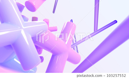 Flying geometric 3d shapes in motion. Abstract background with glossy pink purple crosses, plus or x signs and hologram glass tubes with gradient texture. Fashion wallpaper, banner. 3D illustration Flying geometric 3d shapes in motion. Abstract background with glossy pink purple crosses, plus or x signs and hologram glass tubes with gradient texture. Fashion wallpaper, banner. 3D illustration 103257552