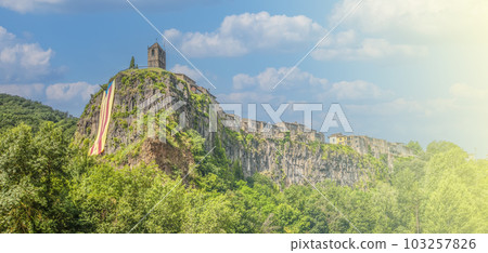 Rupit, a medieval village in the middle of nature on soft sunlight 103257826