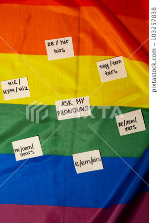 ASK MY PRONOUN Neo pronouns concept. Rainbow flag with paper notes text gender pronouns hie, e, ne, xe, ze, tey. Non-binary people rights transgenders. Lgbtq community support assume my gender ASK MY PRONOUN Neo pronouns concept. Rainbow flag with paper notes text gender pronouns hie, e, ne, xe, ze, tey. Non-binary people rights transgenders. Lgbtq community support assume my gender 103257838