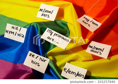 MY PRONOUNS ARE Neo pronouns concept. Rainbow flag with paper notes text gender pronouns hie, e, ne, xe, ze, tey. Non-binary people rights transgenders. Lgbtq community support assume my gender MY PRONOUNS ARE Neo pronouns concept. Rainbow flag with paper notes text gender pronouns hie, e, ne, xe, ze, tey. Non-binary people rights transgenders. Lgbtq community support assume my gender 103257840