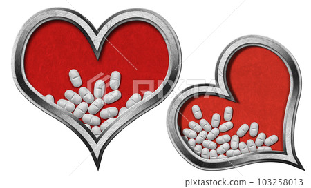 Hearts with Metal Frame and White Pills on a Red Background with Copy Space 103258013