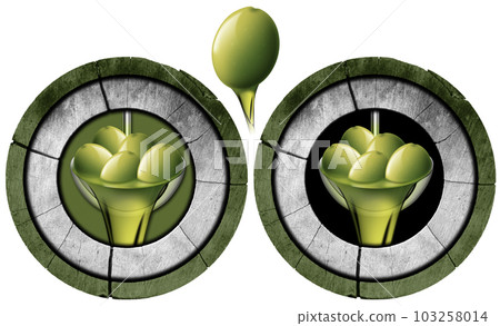 Wooden Sign with Green Olives and Oil - Copy Space Isolated on White 103258014