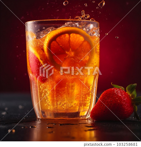Close up image of delicious refreshing strawberry and orange cocktail. AI generated. 103258681
