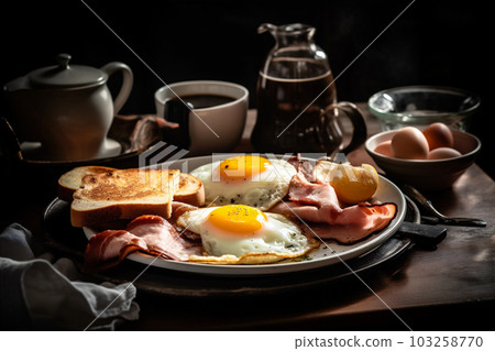 Breakfast in bed with coffee, fried eggs, fresh juice and ham on table. AI generated. Breakfast in bed with coffee, fried eggs, fresh juice and ham on table. AI generated. 103258770