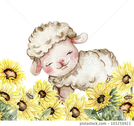 Watercolor hand drawn cute wWatercolor hand drawnhite fluffy sheep sitting in the sunflowers. Illustration of farm baby animal . Perfect for wedding invitation, greetings card, poster, fabric pattern. 103258921