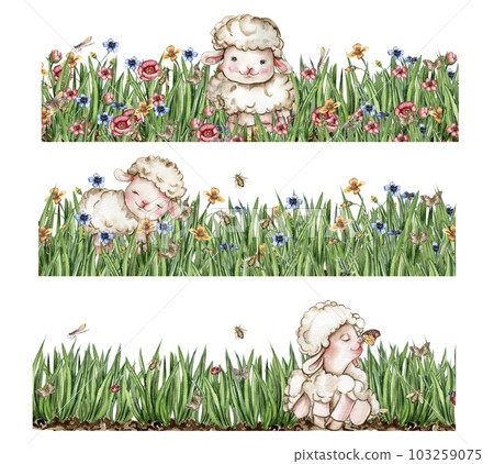 White fluffy sheep sitting in the field of grass with flowers and butterflies. Watercolor hand drawn illustration of farm baby animal . Perfect for greetings card, poster, fabric pattern. 103259075
