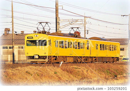 A yellow local train (illustration style) running along the Nakaumi line in the evening A yellow local train (illustration style) running along the Nakaumi line in the evening 103259201