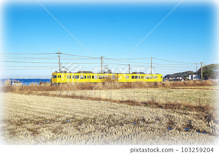 A yellow local train (illustration style) running along the sunny Nakaumi line 103259204