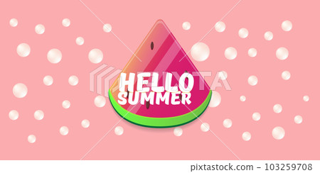Vector Hello Summer Beach Party horizontal banner Design template with fresh watermelon slice isolated on pink background. Hello summer concept label or poster with fruit and typographic text. Vector Hello Summer Beach Party horizontal banner Design template with fresh watermelon slice isolated on pink background. Hello summer concept label or poster with fruit and typographic text. 103259708