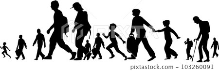 Silhouette of refugees people walking Silhouette of refugees people walking 103260091