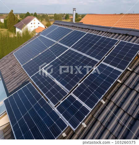 Generative Ai illustration. Solar Panels Against The Deep Blue Sky. 103260375